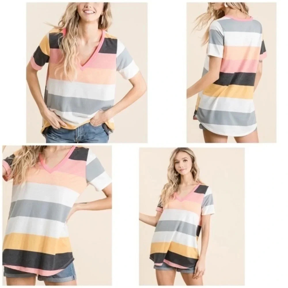 NWT bibi boutique Coral Striped French Terry V-Neck Top
